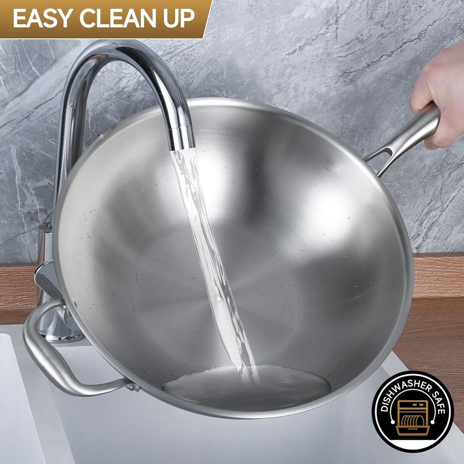image:imageLOLYKITCH 145 Inch StirFrying Wok Pan TriPly Stainless Steel Induction Cooking Wok PanDishwasher and Oven SafeHeavy Duty and Detachable Handle145Inch