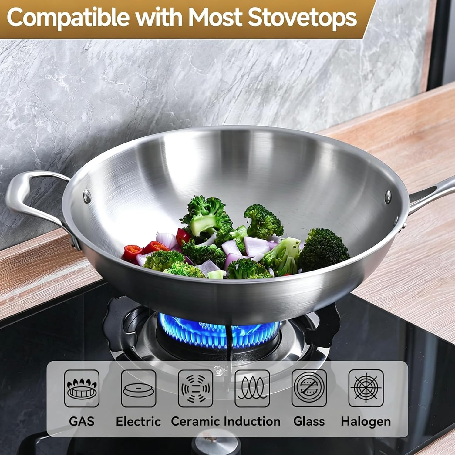 image:imageLOLYKITCH 145 Inch StirFrying Wok Pan TriPly Stainless Steel Induction Cooking Wok PanDishwasher and Oven SafeHeavy Duty and Detachable Handle145Inch