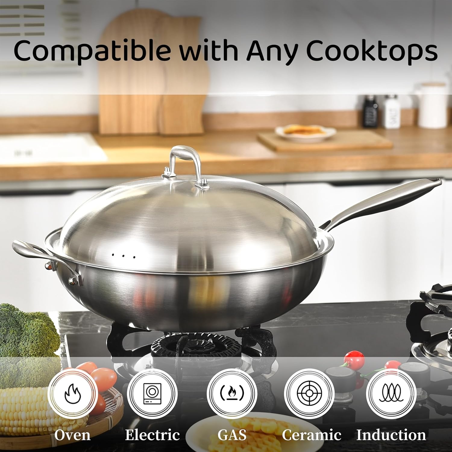 image:imageLOLYKITCH 145 Inch StirFrying Wok Pan TriPly Stainless Steel Induction Cooking Wok PanDishwasher and Oven SafeHeavy Duty and Detachable Handle145Inch