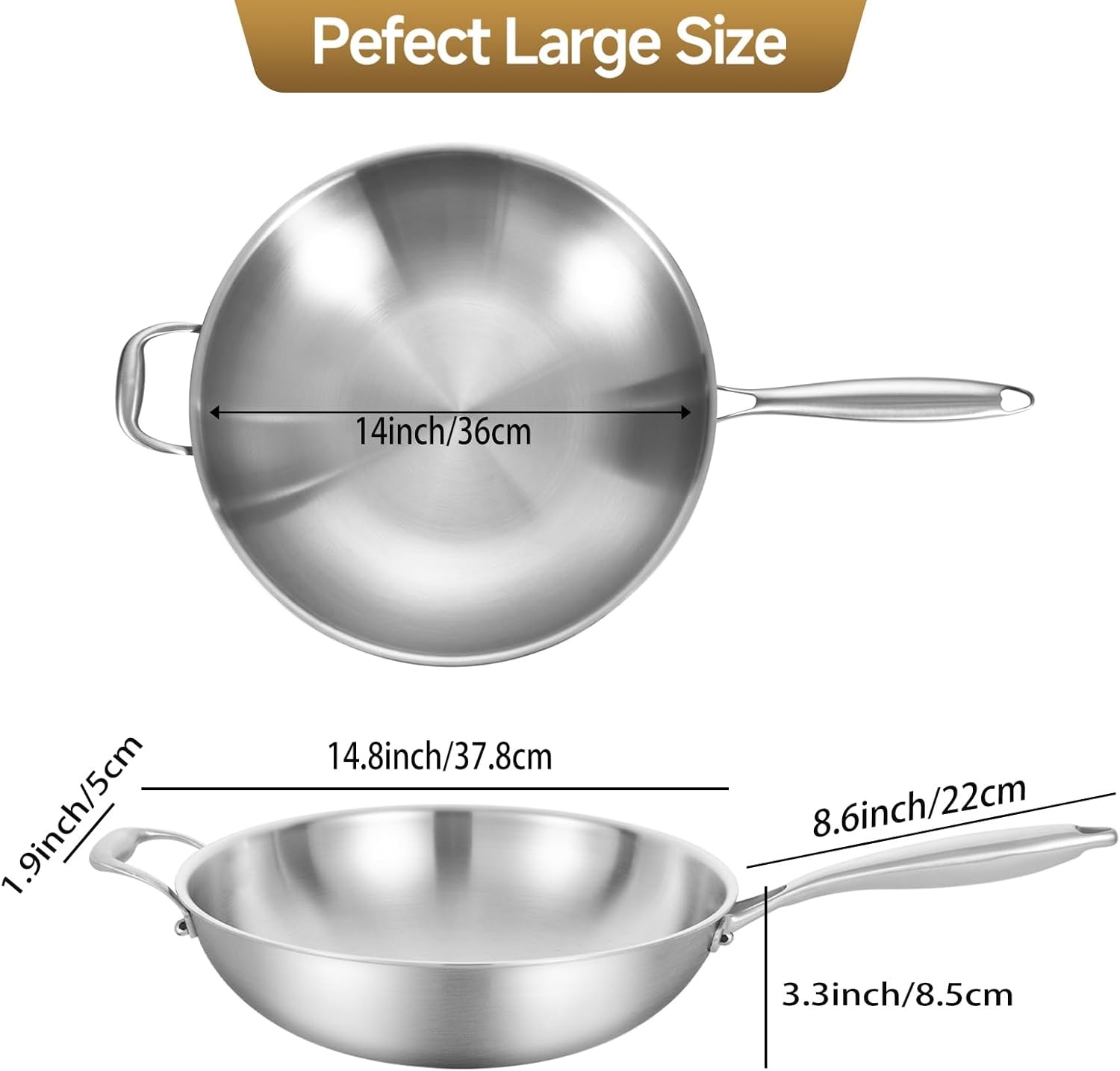 image:imageLOLYKITCH 145 Inch StirFrying Wok Pan TriPly Stainless Steel Induction Cooking Wok PanDishwasher and Oven SafeHeavy Duty and Detachable Handle145Inch