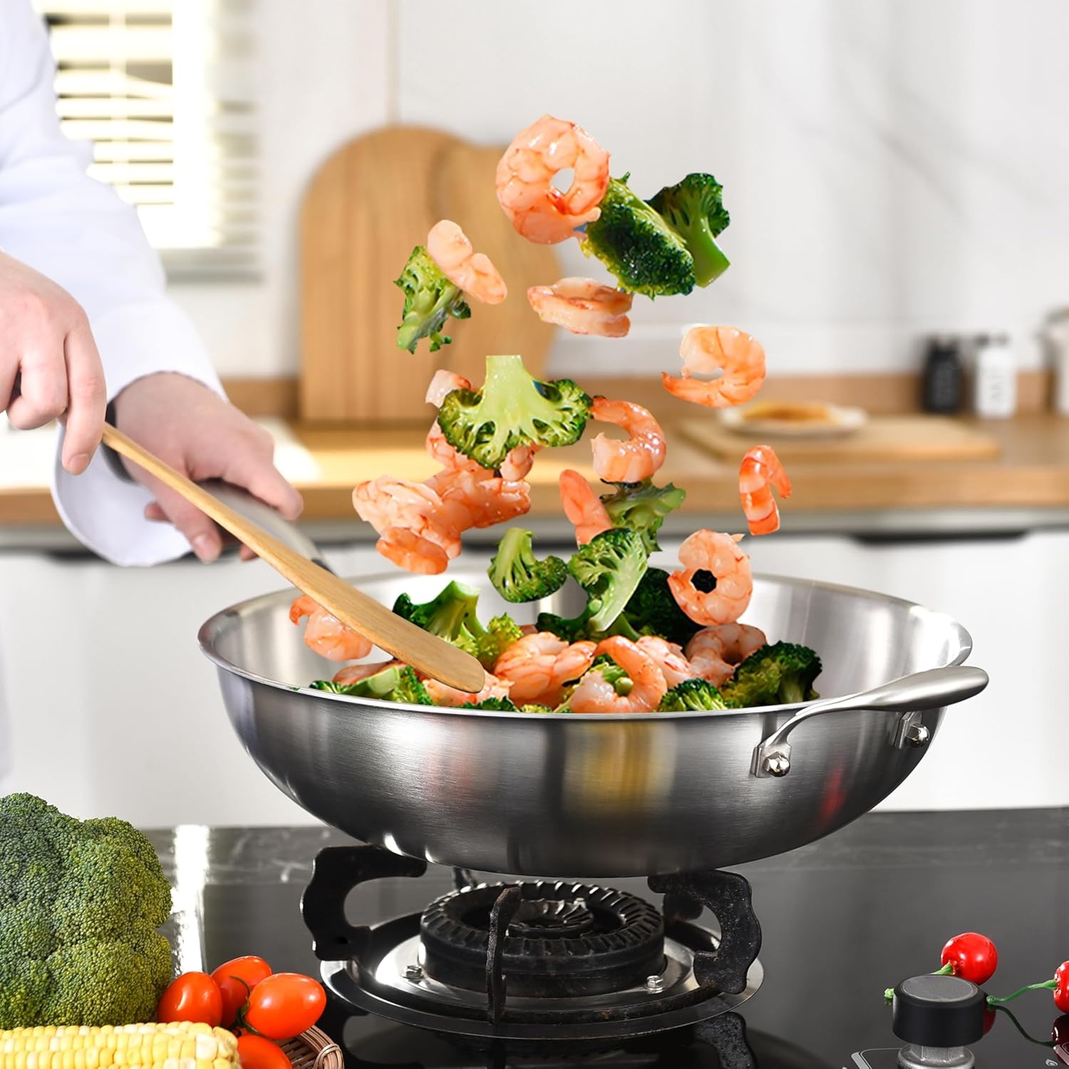 image:imageLOLYKITCH 145 Inch StirFrying Wok Pan TriPly Stainless Steel Induction Cooking Wok PanDishwasher and Oven SafeHeavy Duty and Detachable Handle145Inch