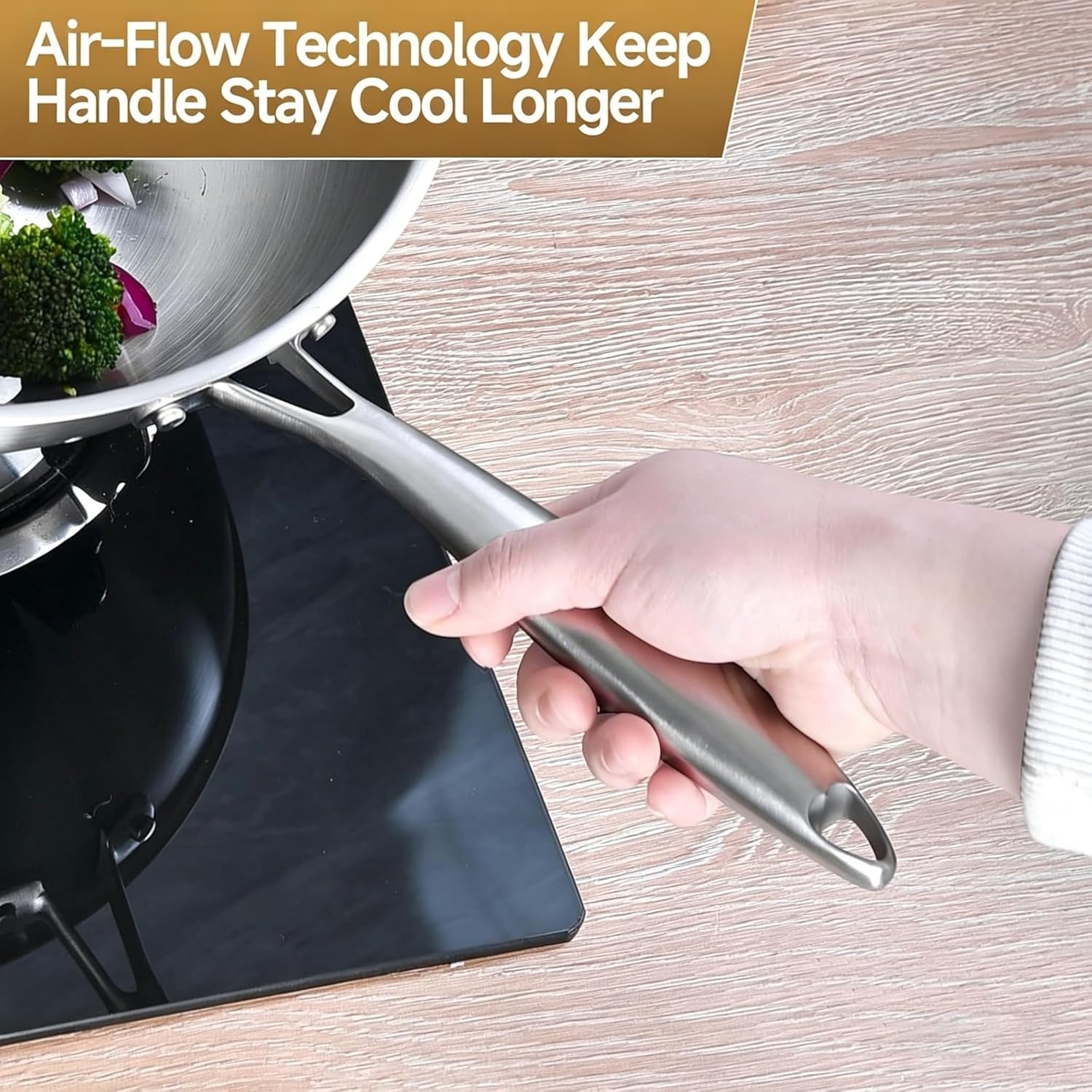 image:imageLOLYKITCH 145 Inch StirFrying Wok Pan TriPly Stainless Steel Induction Cooking Wok PanDishwasher and Oven SafeHeavy Duty and Detachable Handle145Inch