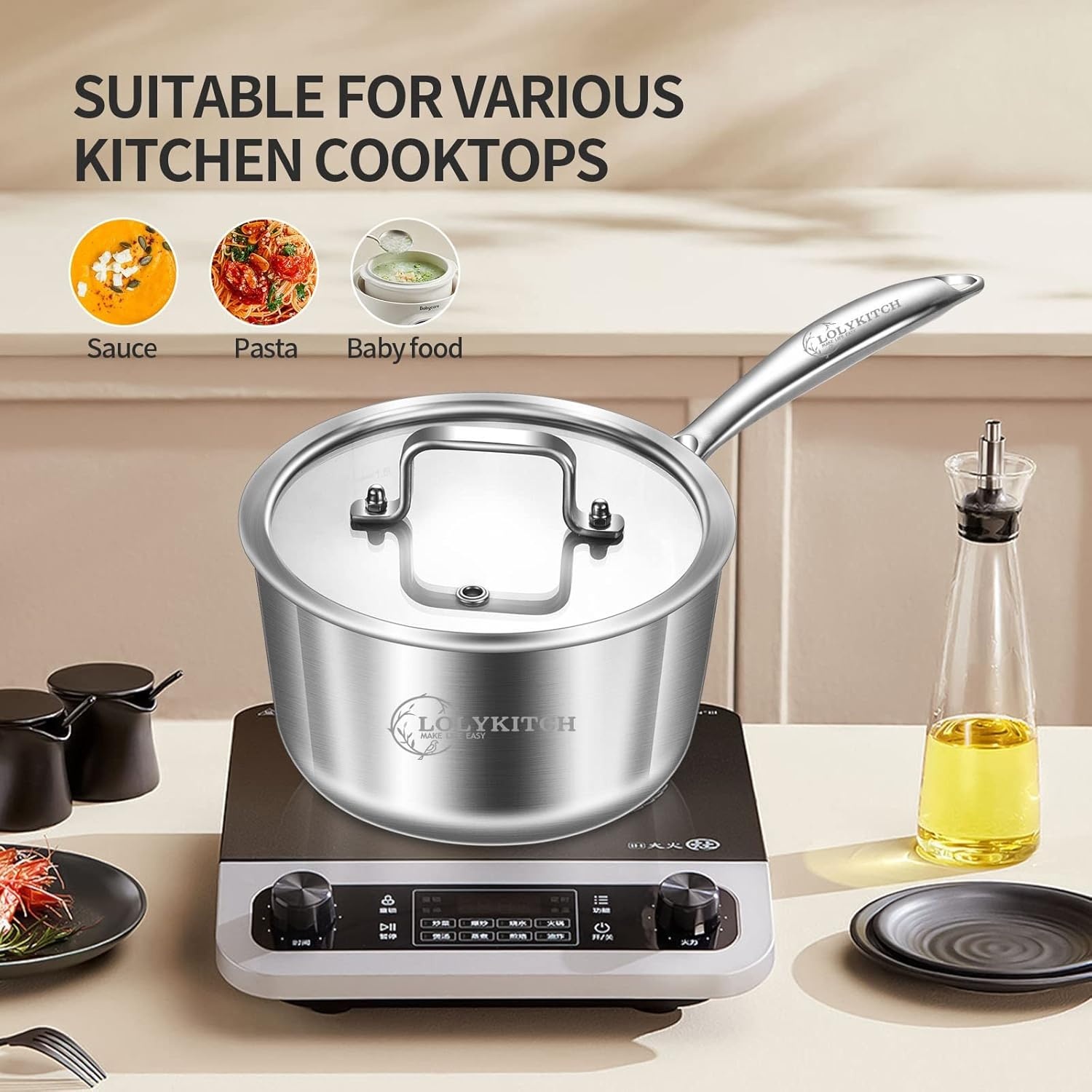 image:imageLOLYKITCH 152530 QT TriPly Stainless Steel Saucepan Set of 3Induction Cooking PotsSauce Pots with LidsPots and Pans SetDetachable Handle and Dishwasher Safe15253 QT