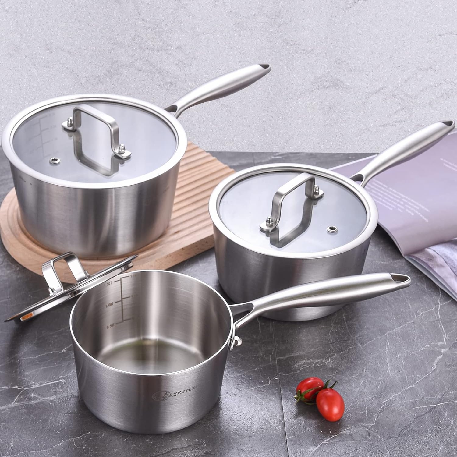 image:imageLOLYKITCH 152530 QT TriPly Stainless Steel Saucepan Set of 3Induction Cooking PotsSauce Pots with LidsPots and Pans SetDetachable Handle and Dishwasher Safe3 Quarts