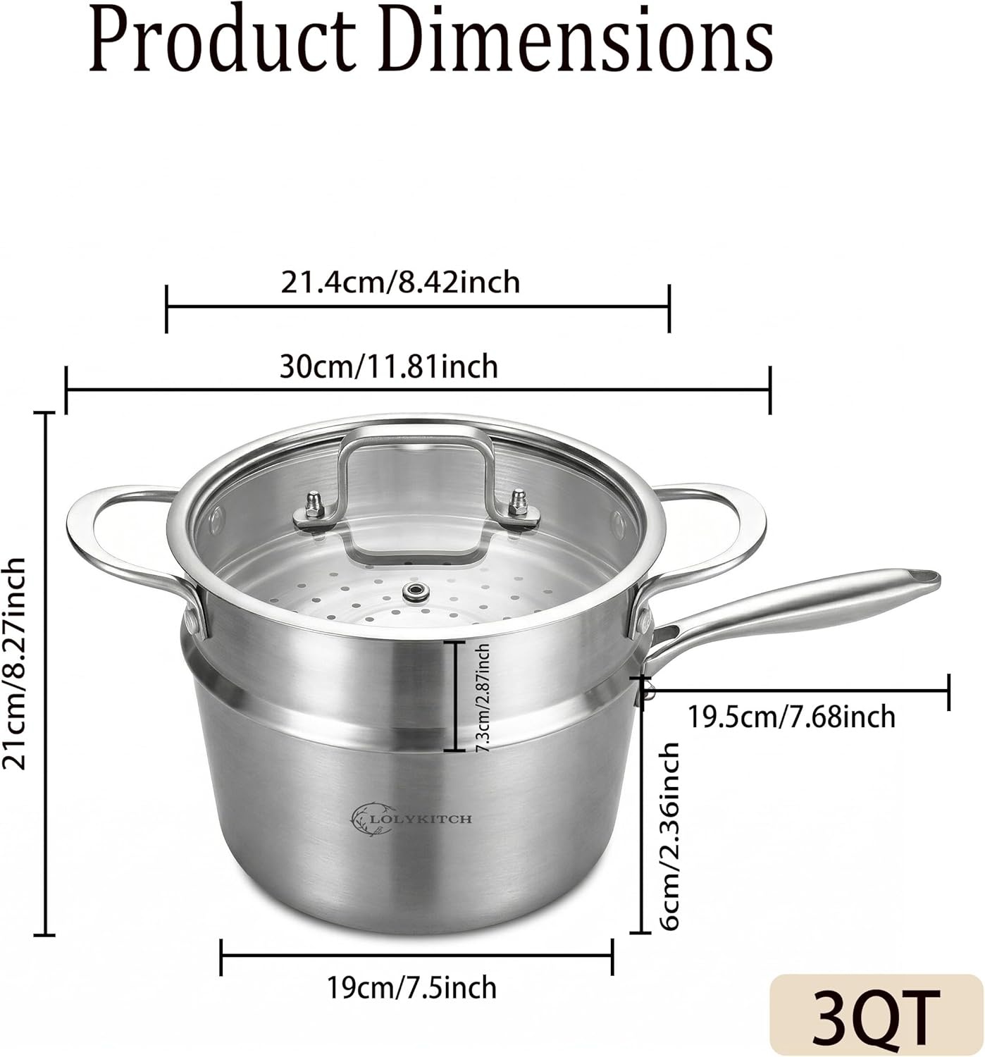 image:imageLOLYKITCH 3 Quart Stainless Steel Saucepan with Steamer amp Glass Lid TriPly WholeClad Steaming Pot for Cooking Induction Steamer Sauce Pot for Tamales Seafood Vegetables Dumplings Thick30 Quarts