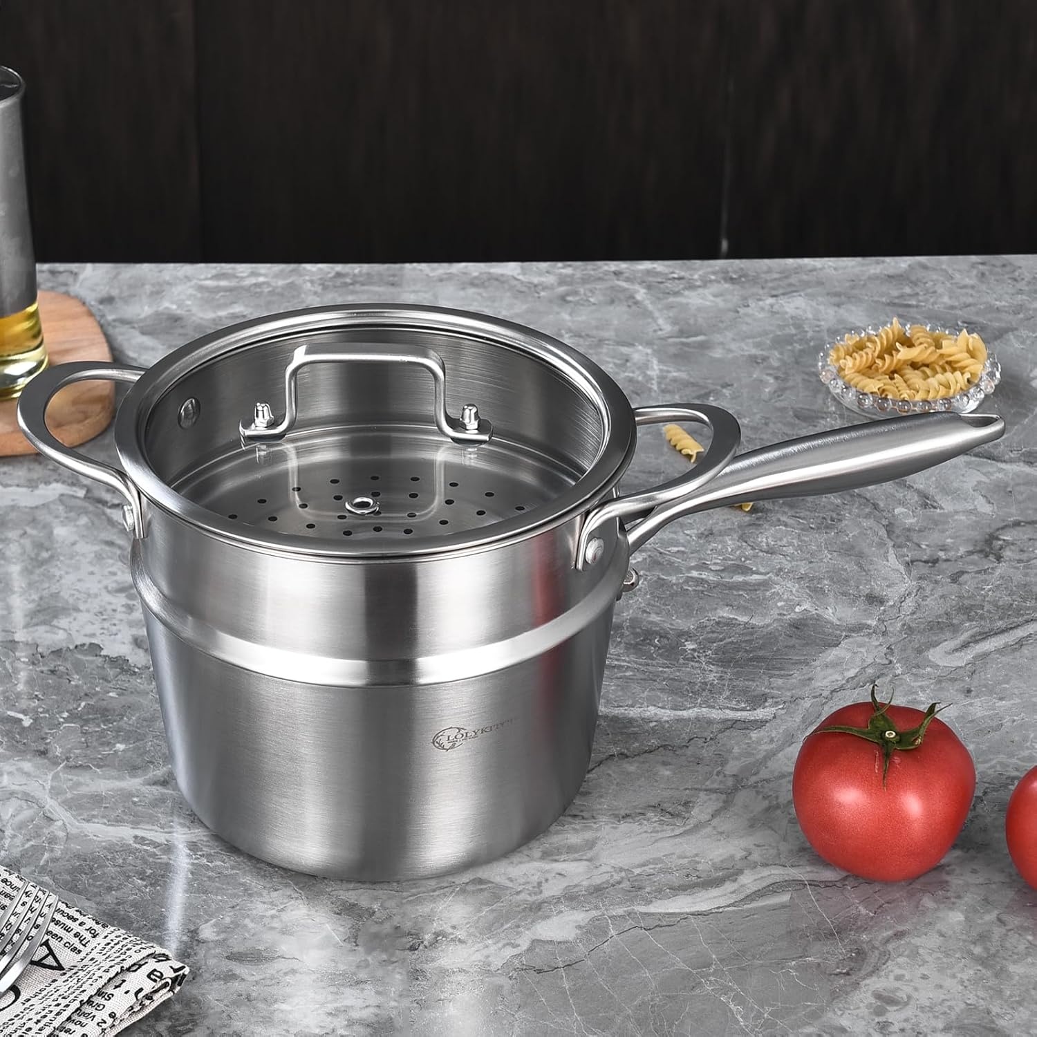 image:imageLOLYKITCH 3 Quart Stainless Steel Saucepan with Steamer amp Glass Lid TriPly WholeClad Steaming Pot for Cooking Induction Steamer Sauce Pot for Tamales Seafood Vegetables Dumplings Thick30 Quarts
