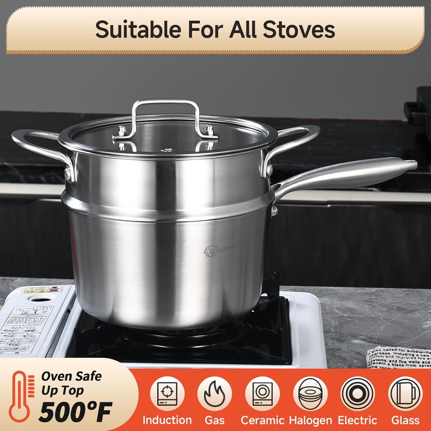 image:imageLOLYKITCH 3 Quart Stainless Steel Saucepan with Steamer amp Glass Lid TriPly WholeClad Steaming Pot for Cooking Induction Steamer Sauce Pot for Tamales Seafood Vegetables Dumplings Thick30 Quarts