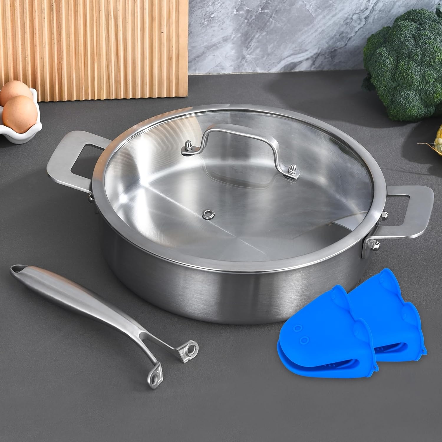 image:imageLOLYKITCH 5 Quarts TriPly Stainless Steel Saut Pan wih Lid 12 Inch Deep Frying PanJumbo CookerInduction Cooking PanDishwasher and Oven SafeDetachable Handle12 Inch 6 QT