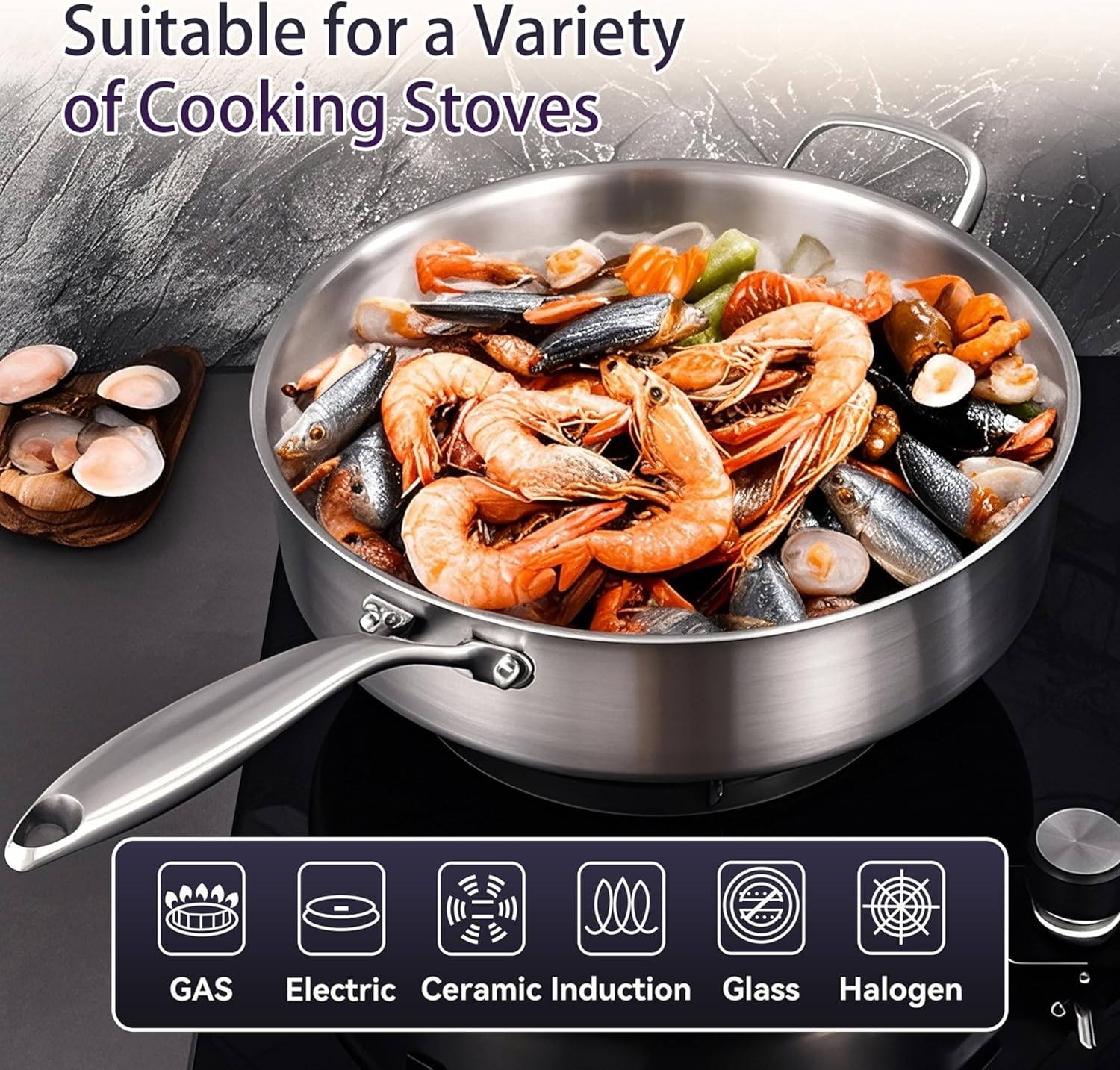 image:imageLOLYKITCH 5 Quarts TriPly Stainless Steel Saut Pan wih Lid 12 Inch Deep Frying PanJumbo CookerInduction Cooking PanDishwasher and Oven SafeDetachable Handle12 Inch 5 QT
