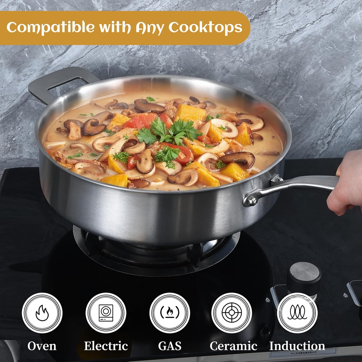 image:imageLOLYKITCH 5 Quarts TriPly Stainless Steel Saut Pan wih Lid 12 Inch Deep Frying PanJumbo CookerInduction Cooking PanDishwasher and Oven SafeDetachable Handle12 Inch 6 QT