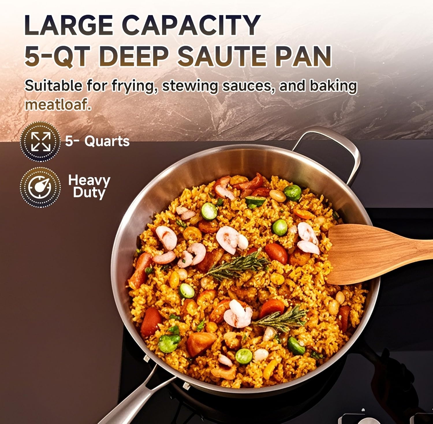 image:imageLOLYKITCH 5 Quarts TriPly Stainless Steel Saut Pan wih Lid 12 Inch Deep Frying PanJumbo CookerInduction Cooking PanDishwasher and Oven SafeDetachable Handle12 Inch 5 QT