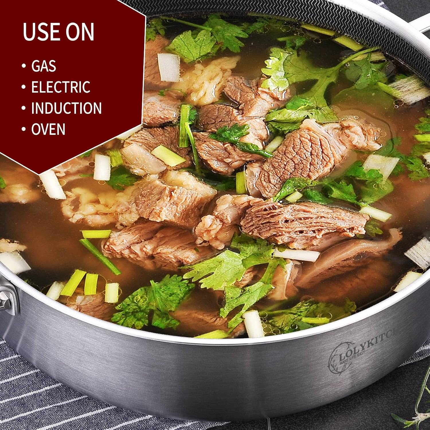 image:imageLOLYKITCH 6 Quarts Hybrid TriPly Stainless Steel Saut Pan with LidInduction Large Skillet Jumbo CookerDishwasher amp Oven SafeSilver