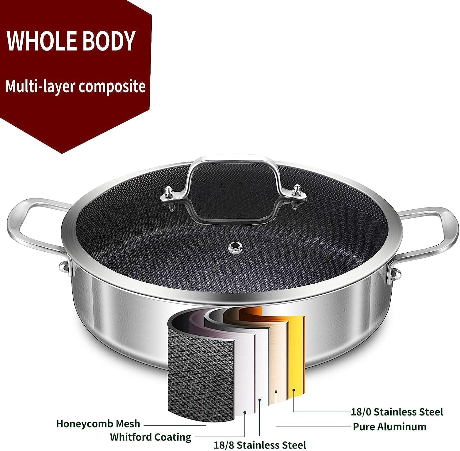image:imageLOLYKITCH 6 Quarts Hybrid TriPly Stainless Steel Saut Pan with LidInduction Large Skillet Jumbo CookerDishwasher amp Oven SafeSilver