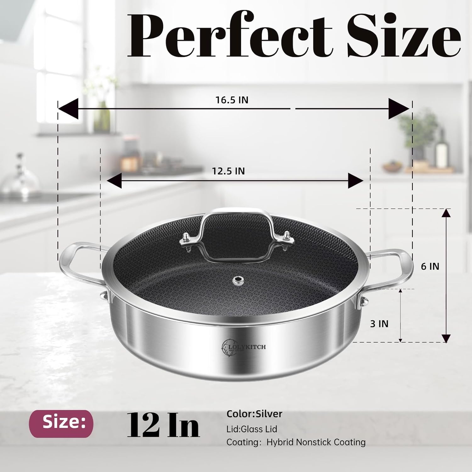 image:imageLOLYKITCH 6 Quarts Hybrid TriPly Stainless Steel Saut Pan with LidInduction Large Skillet Jumbo CookerDishwasher amp Oven SafeSilver