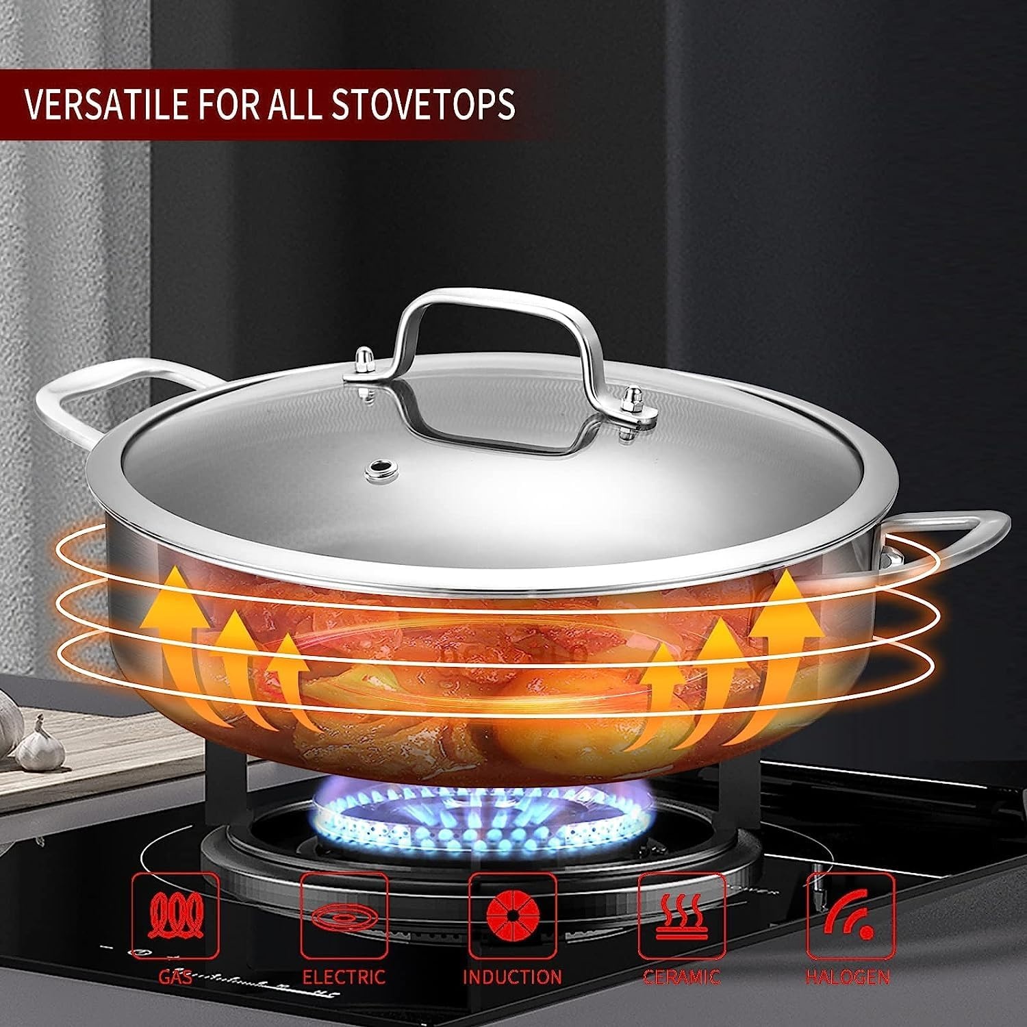 image:imageLOLYKITCH 6 Quarts Hybrid TriPly Stainless Steel Saut Pan with LidInduction Large Skillet Jumbo CookerDishwasher amp Oven SafeSilver