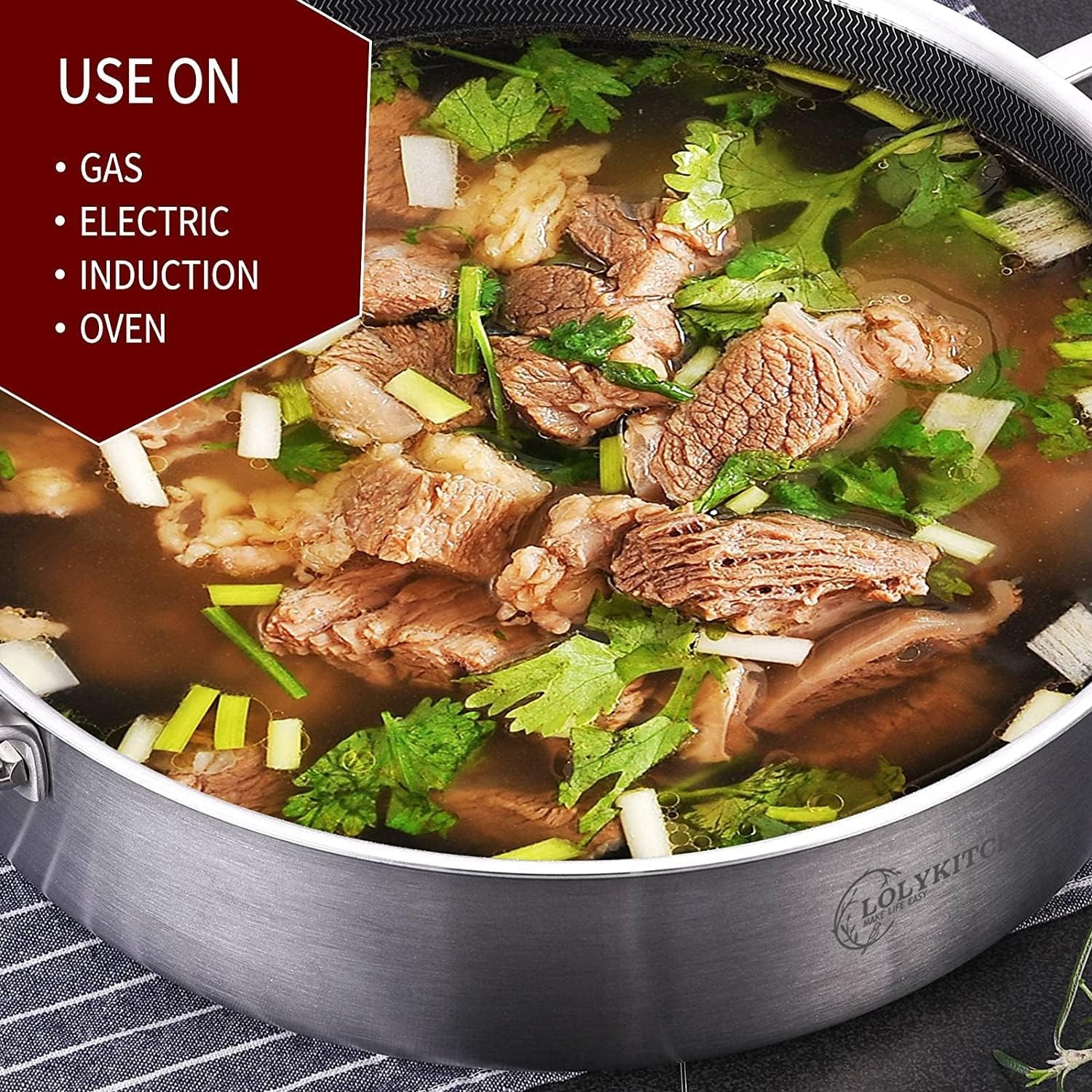 image:imageLOLYKITCH 6 Quarts Hybrid TriPly Stainless Steel Saut Pan with LidInduction Large Skillet Jumbo CookerDishwasher amp Oven SafeSilver