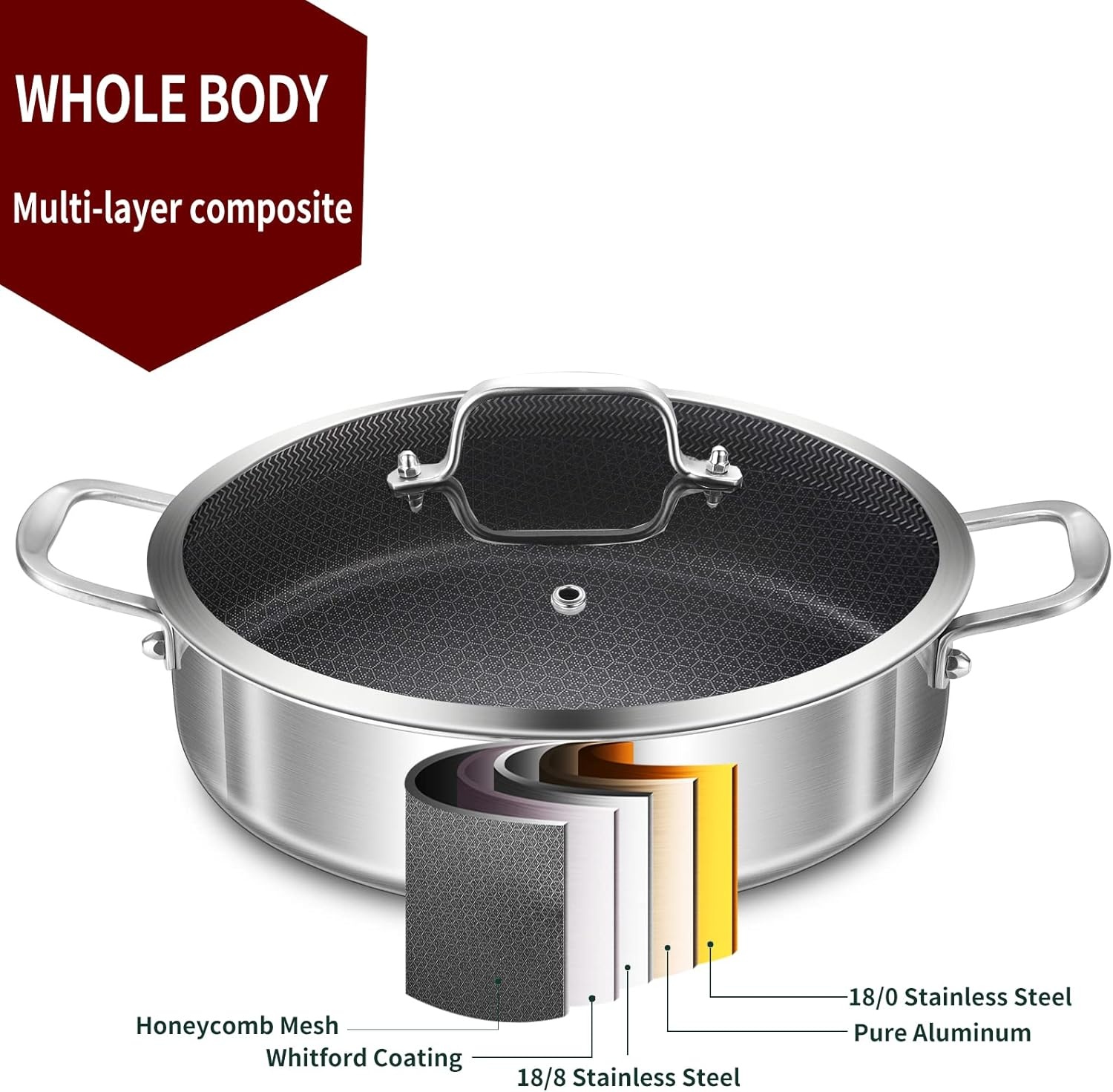image:imageLOLYKITCH 6 Quarts Hybrid TriPly Stainless Steel Saut Pan with LidInduction Large Skillet Jumbo CookerDishwasher amp Oven SafeSilver