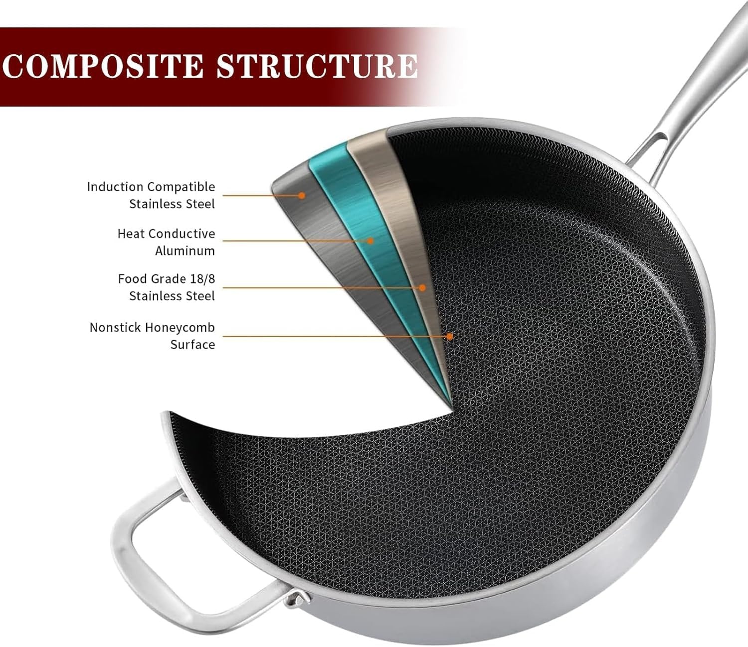image:imageLOLYKITCH 7 QT Large Deep Frying Pan with Lid 12 Inch Nonstick Triply Stainless Steel Skillet Saute Pan Ceramic Hybrid Honeycomb Cookware for Family Meal Oven amp Induction Ready Riveted Handles8106 QTLong Handle