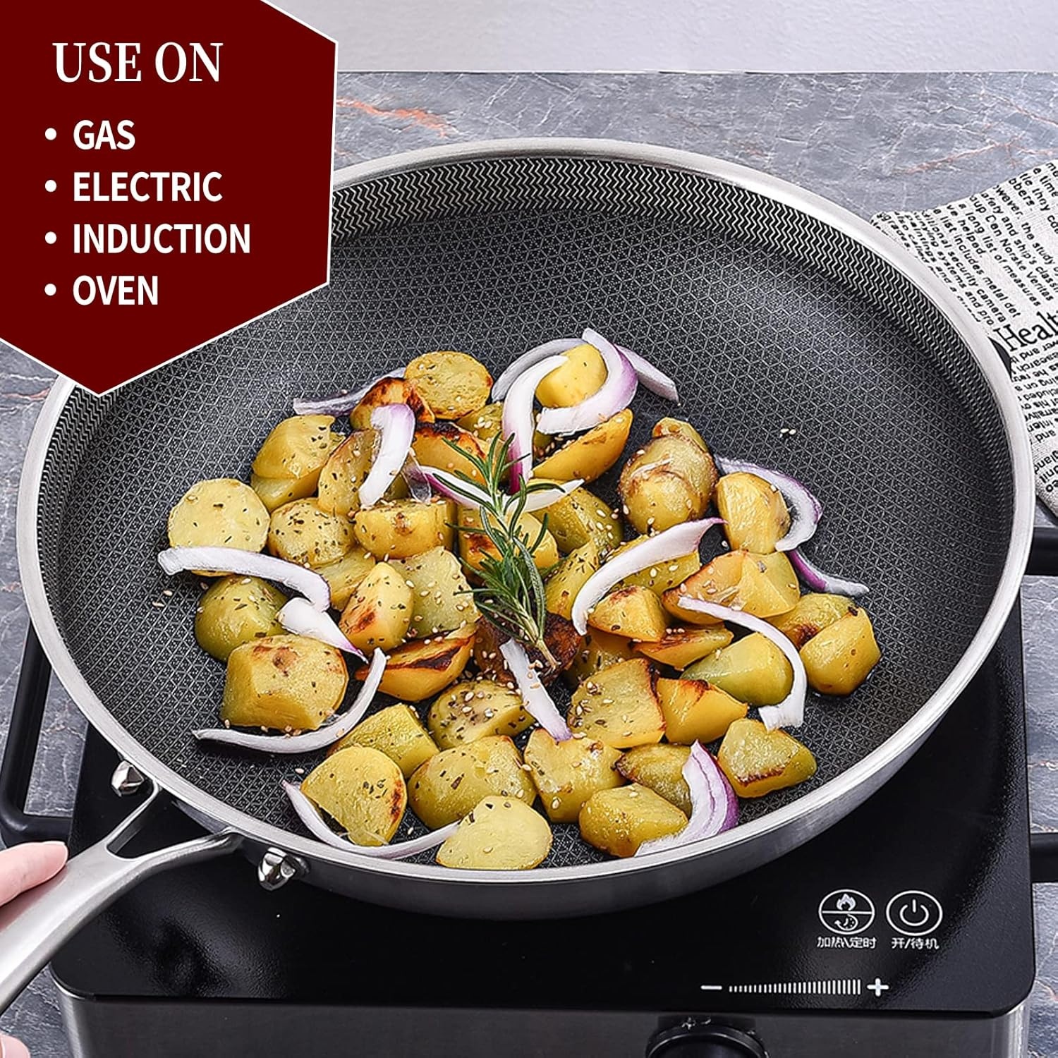 image:imageLOLYKITCH 7 QT Large Deep Frying Pan with Lid 12 Inch Nonstick Triply Stainless Steel Skillet Saute Pan Ceramic Hybrid Honeycomb Cookware for Family Meal Oven amp Induction Ready Riveted Handles8106 QTLong Handle