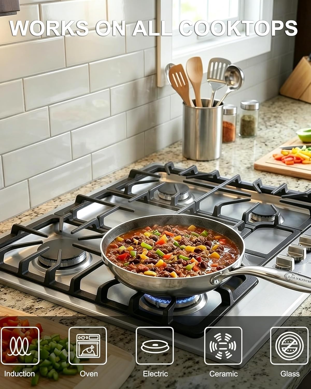 image:imageLOLYKITCH 7 QT Large Deep Frying Pan with Lid 12 Inch Nonstick Triply Stainless Steel Skillet Saute Pan Ceramic Hybrid Honeycomb Cookware for Family Meal Oven amp Induction Ready Riveted Handles8 Inch 6 QTClassic