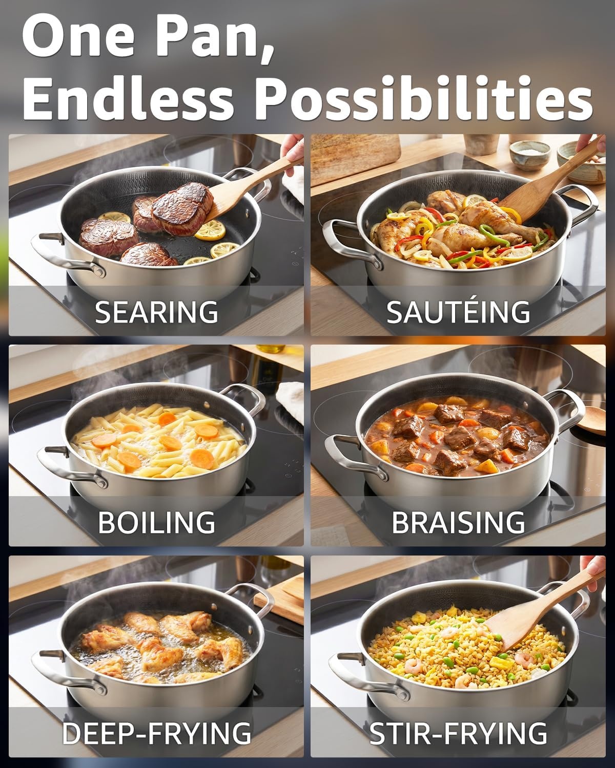 image:imageLOLYKITCH 7 QT Large Deep Frying Pan with Lid 12 Inch Nonstick Triply Stainless Steel Skillet Saute Pan Ceramic Hybrid Honeycomb Cookware for Family Meal Oven amp Induction Ready Riveted Handles8 Inch 6 QTClassic