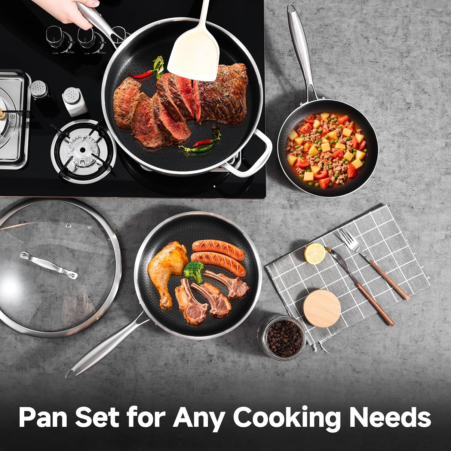 image:imageLOLYKITCH 7 QT Large Deep Frying Pan with Lid 12 Inch Nonstick Triply Stainless Steel Skillet Saute Pan Ceramic Hybrid Honeycomb Cookware for Family Meal Oven amp Induction Ready Riveted Handles8106 QTLong Handle