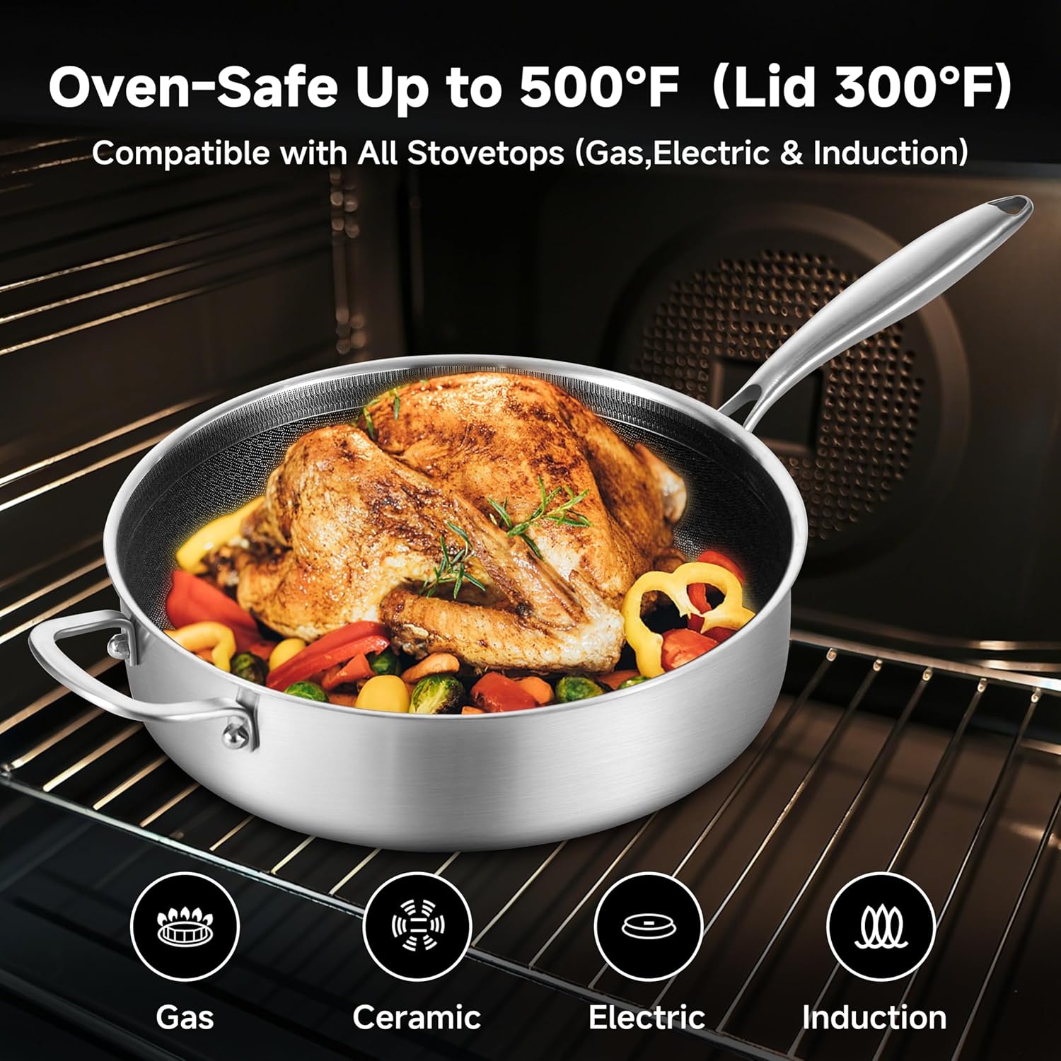 image:imageLOLYKITCH 7 QT Large Deep Frying Pan with Lid 12 Inch Nonstick Triply Stainless Steel Skillet Saute Pan Ceramic Hybrid Honeycomb Cookware for Family Meal Oven amp Induction Ready Riveted Handles8106 QTLong Handle