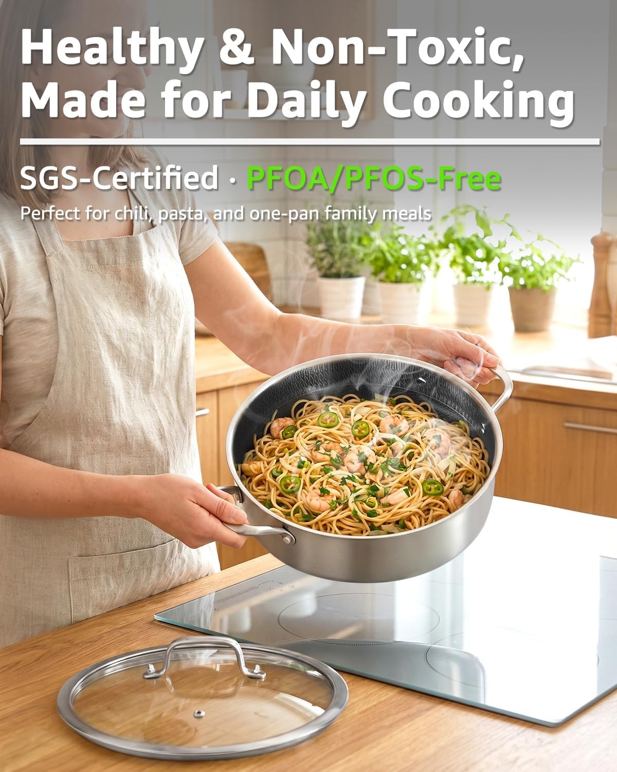 image:imageLOLYKITCH 7 QT Large Deep Frying Pan with Lid 12 Inch Nonstick Triply Stainless Steel Skillet Saute Pan Ceramic Hybrid Honeycomb Cookware for Family Meal Oven amp Induction Ready Riveted Handles5 QT