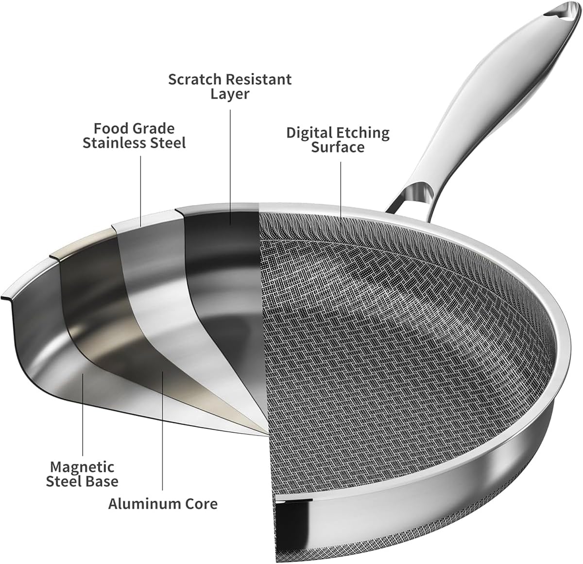 image:imageLOLYKITCH 7 QT Large Deep Frying Pan with Lid 12 Inch Nonstick Triply Stainless Steel Skillet Saute Pan Ceramic Hybrid Honeycomb Cookware for Family Meal Oven amp Induction Ready Riveted Handles12 Inch 7 QTClassic