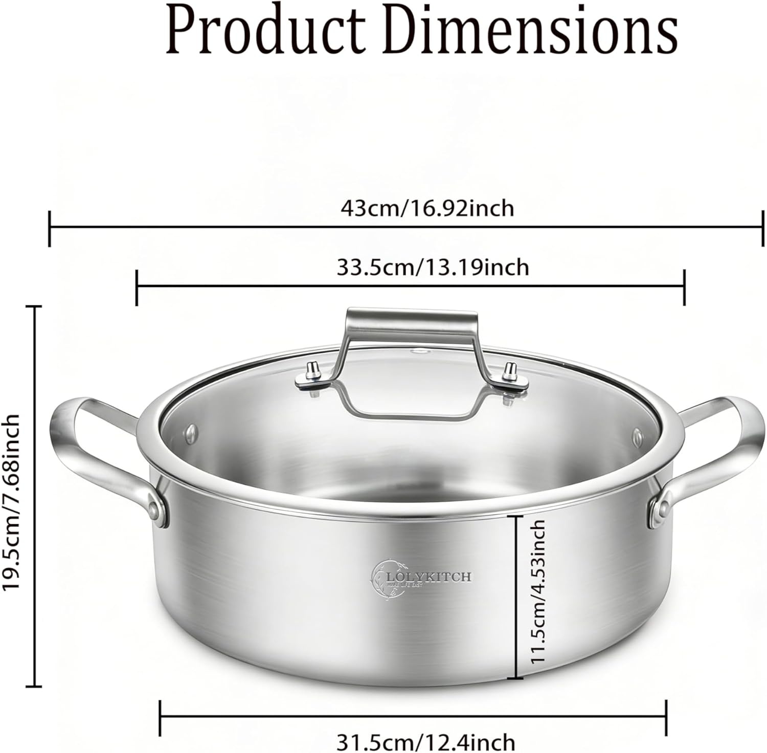image:imageLOLYKITCH 7 Quarts TriPly Stainless Steel Saut Pan with Lid12 Inch Deep Frying PanLarge SkilletJumbo CookerInduction PotDishwasher and Oven Safe8 QT