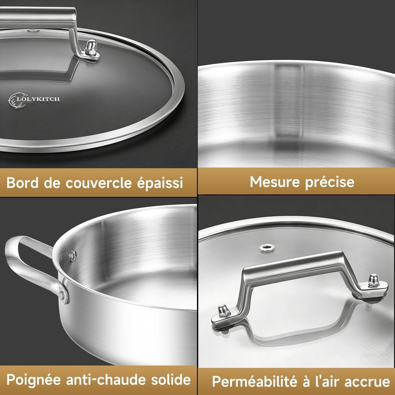 image:imageLOLYKITCH 7 Quarts TriPly Stainless Steel Saut Pan with Lid12 Inch Deep Frying PanLarge SkilletJumbo CookerInduction PotDishwasher and Oven Safe8 QT