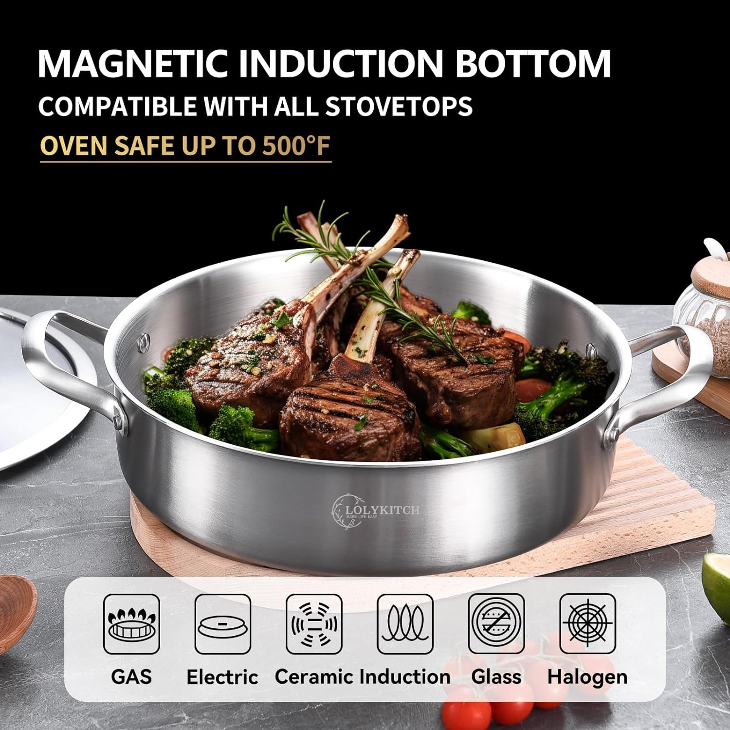 image:imageLOLYKITCH 7 Quarts TriPly Stainless Steel Saut Pan with Lid12 Inch Deep Frying PanLarge SkilletJumbo CookerInduction PotDishwasher and Oven Safe8 QT