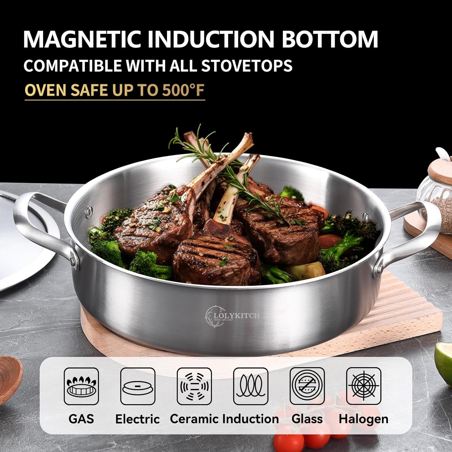 image:imageLOLYKITCH 851012 Inch Triply Stainless Steel Frying Pans Set of 3SkilletsInduction Cookware SetOven and Dishwasher SafeDetachable Handle81012 Inch Set
