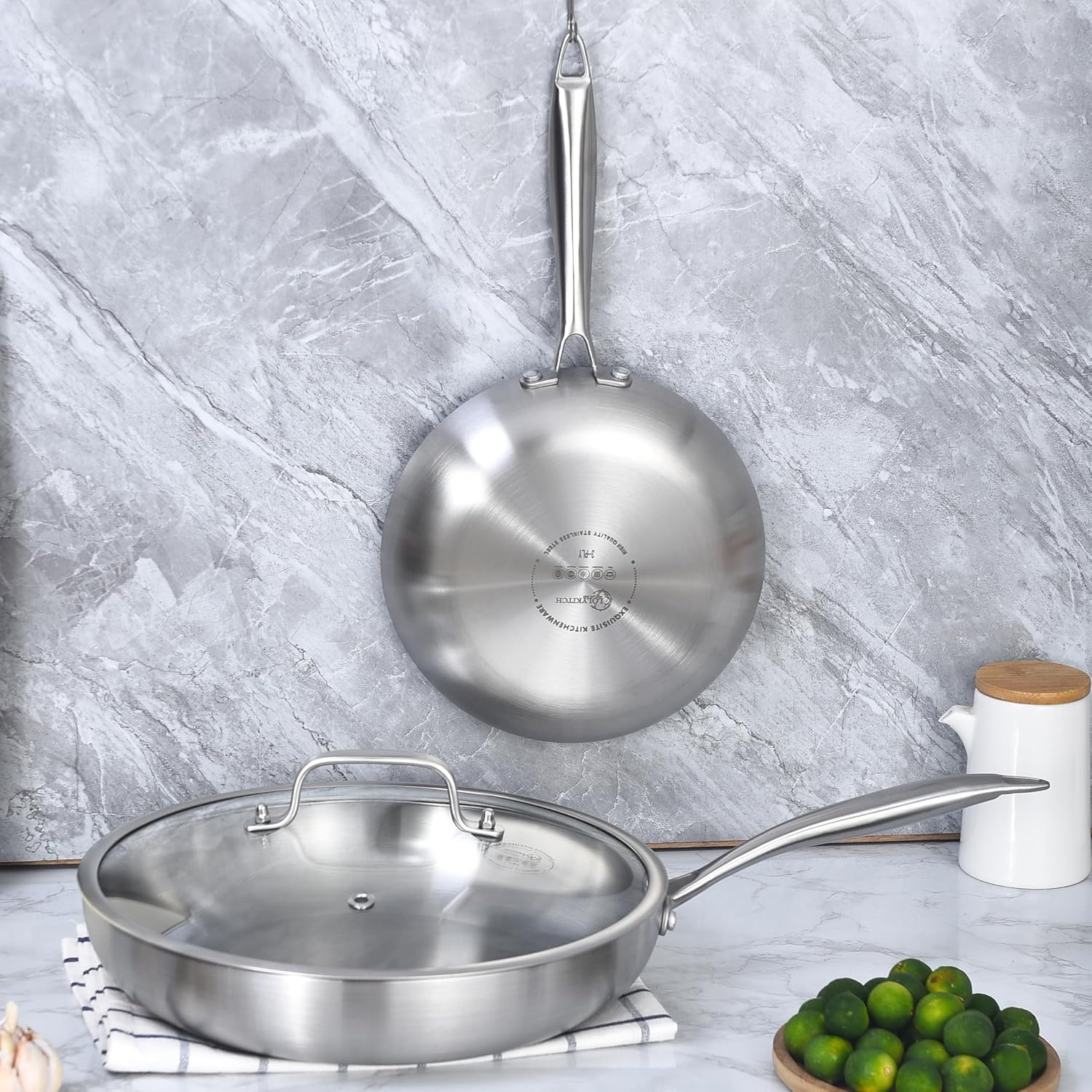 image:imageLOLYKITCH 851012 Inch Triply Stainless Steel Frying Pans Set of 3SkilletsInduction Cookware SetOven and Dishwasher SafeDetachable Handle8510 Inch Set with Lid
