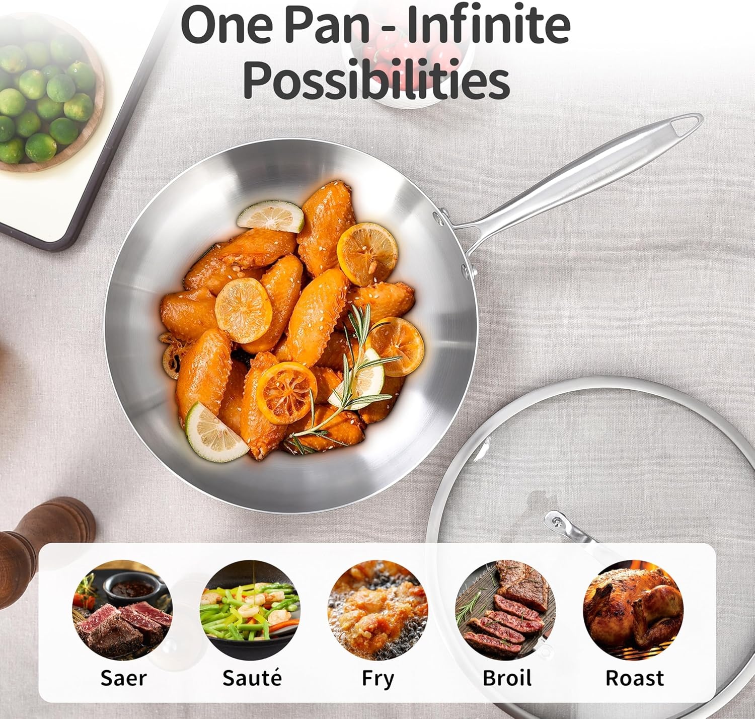 image:imageLOLYKITCH 851012 Inch Triply Stainless Steel Frying Pans Set of 3SkilletsInduction Cookware SetOven and Dishwasher SafeDetachable Handle8510 Inch Set with Lid