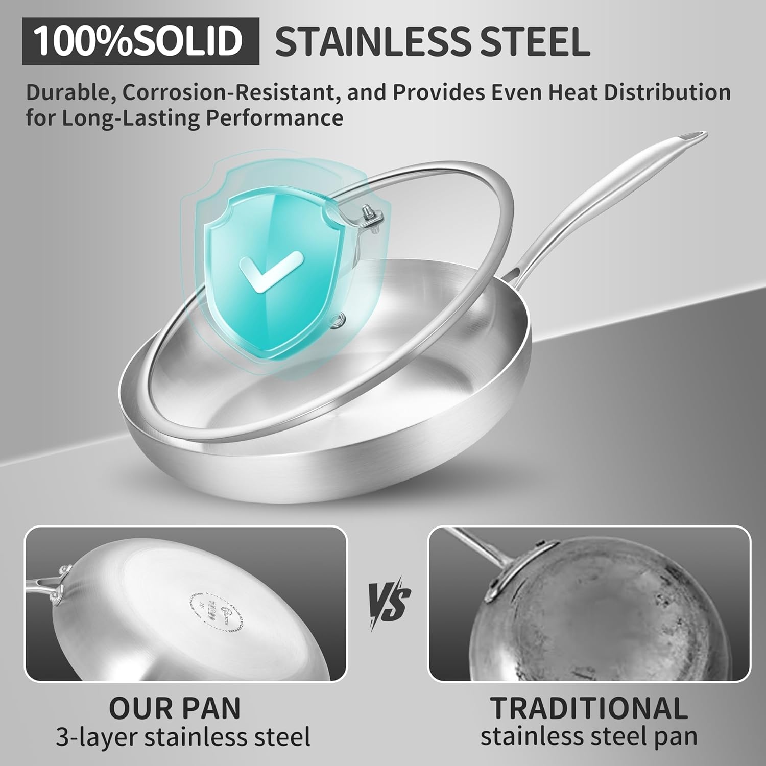 image:imageLOLYKITCH 851012 Inch Triply Stainless Steel Frying Pans Set of 3SkilletsInduction Cookware SetOven and Dishwasher SafeDetachable Handle851012 Inch Set with Lids