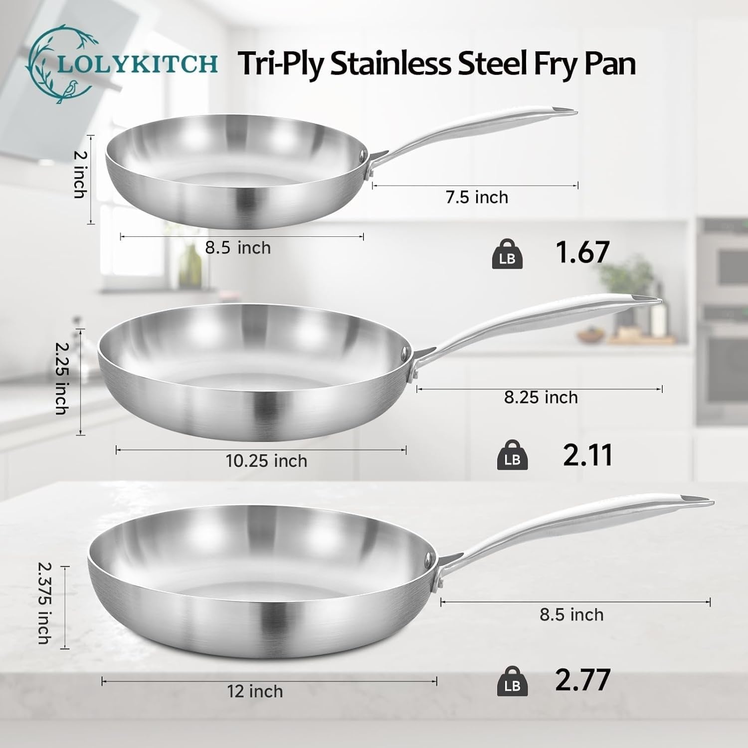 image:imageLOLYKITCH 851012 Inch Triply Stainless Steel Frying Pans Set of 3SkilletsInduction Cookware SetOven and Dishwasher SafeDetachable Handle851012 Inch Set with Lids