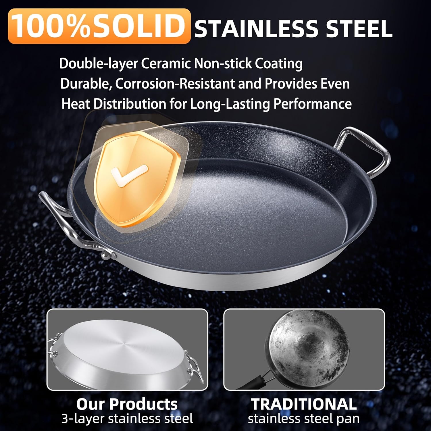 image:imageLOLYKITCH Nonstick Paella Pan with Lid 14 Inch Triply Stainless Steel Skillet Large Oven Safe Cookware for Family of 58 Rust Proof amp Warp Resistant Induction Compatible14 Inch