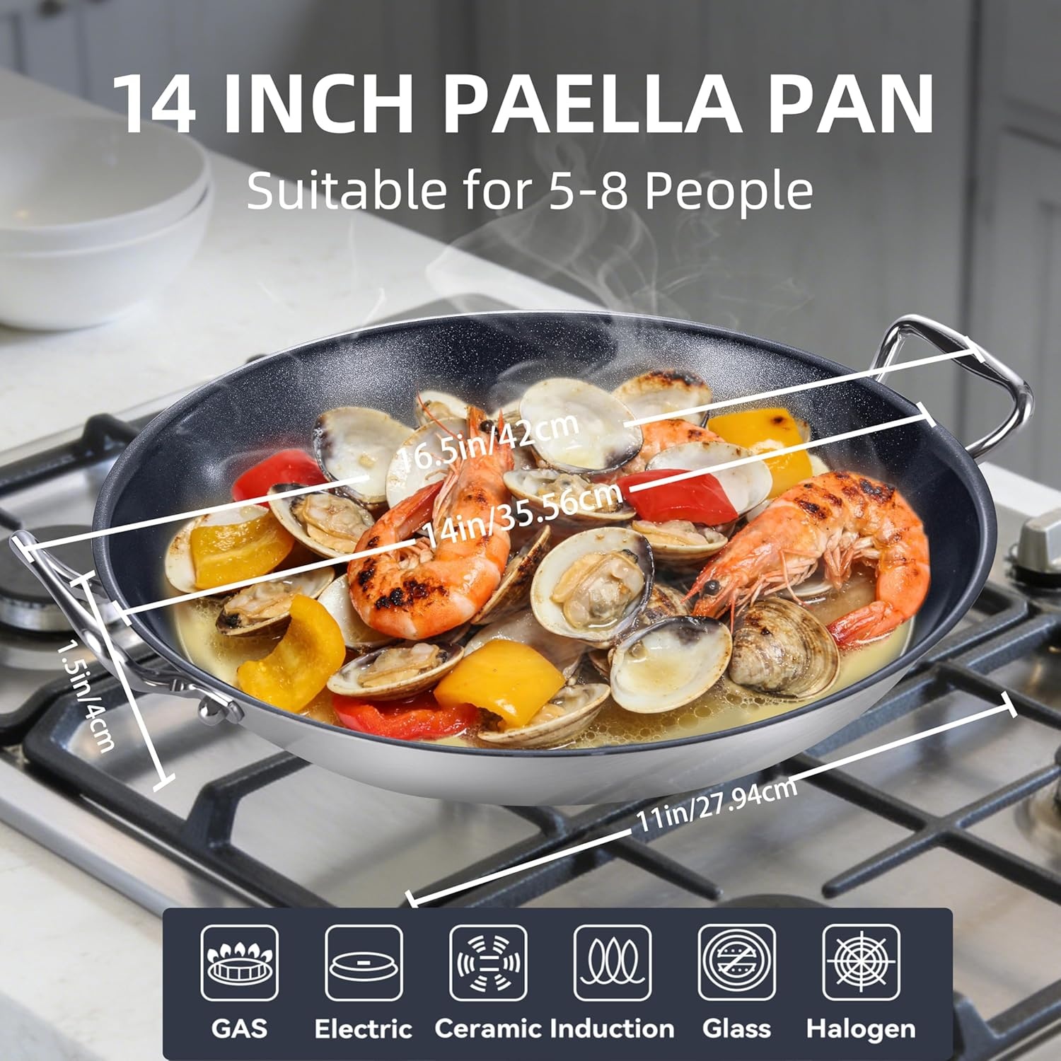 image:imageLOLYKITCH Nonstick Paella Pan with Lid 14 Inch Triply Stainless Steel Skillet Large Oven Safe Cookware for Family of 58 Rust Proof amp Warp Resistant Induction Compatible14 Inch