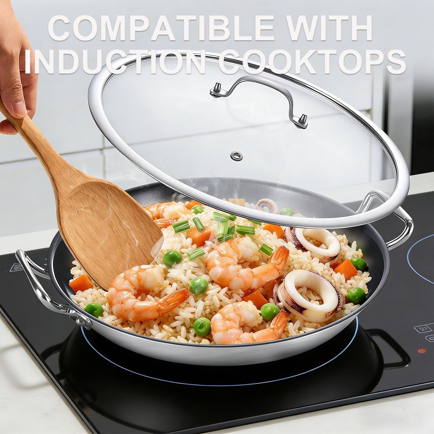 image:imageLOLYKITCH Nonstick Paella Pan with Lid 14 Inch Triply Stainless Steel Skillet Large Oven Safe Cookware for Family of 58 Rust Proof amp Warp Resistant Induction Compatible14 Inch