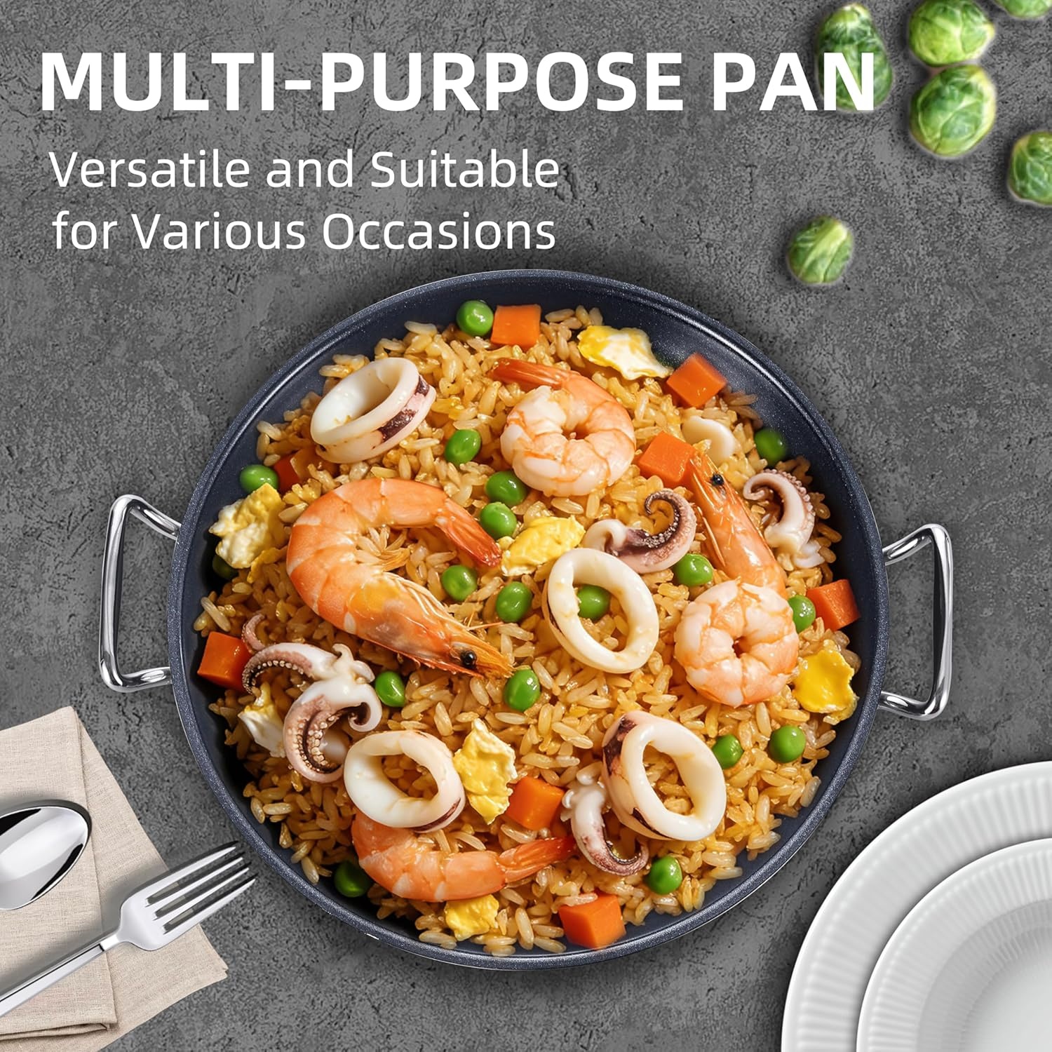 image:imageLOLYKITCH Nonstick Paella Pan with Lid 14 Inch Triply Stainless Steel Skillet Large Oven Safe Cookware for Family of 58 Rust Proof amp Warp Resistant Induction Compatible14 Inch