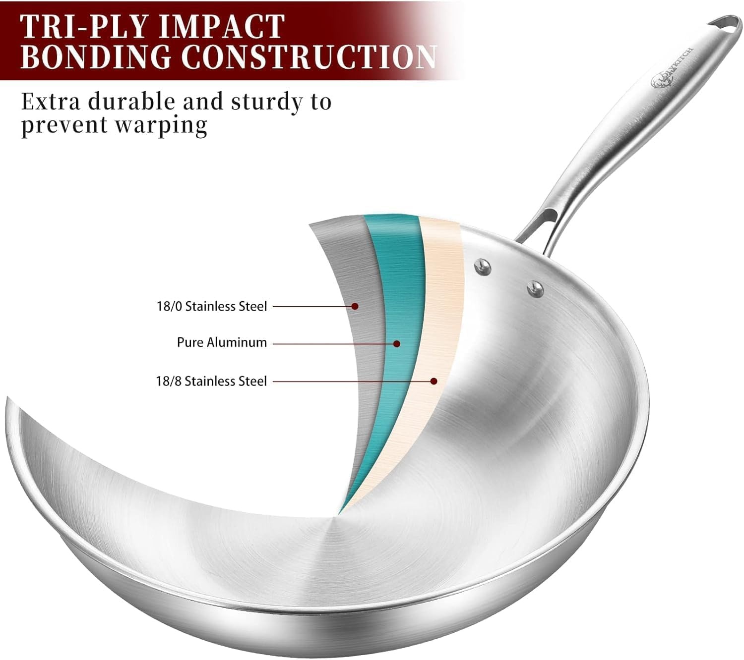image:imageLOLYKITCH TriPly 13 Inch Stainless Steel Wok Pan with Lid StirFrying PanInduction WokDishwasher and Oven SafeHeavy Duty and Detachable handle11 Inch