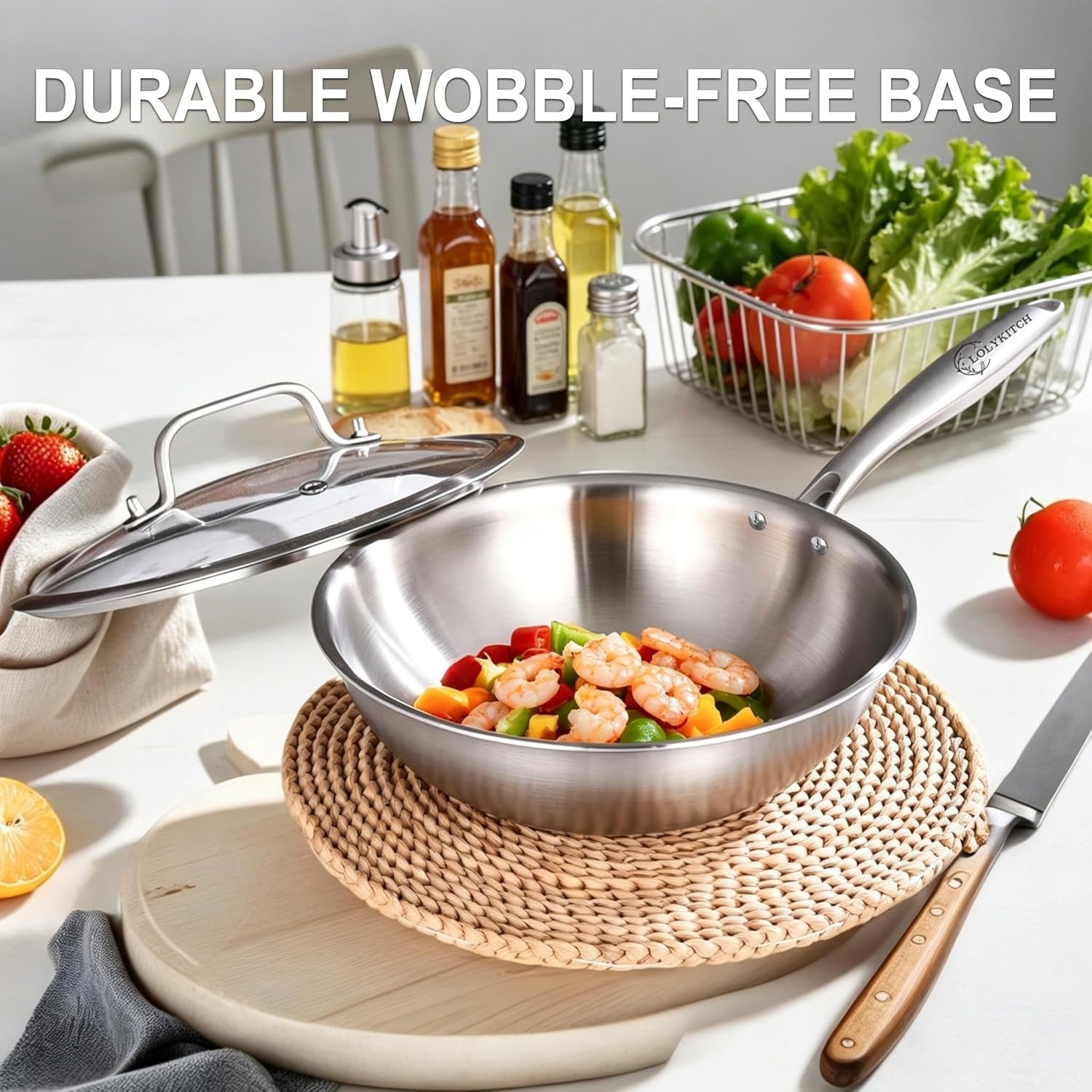 image:imageLOLYKITCH TriPly 13 Inch Stainless Steel Wok Pan with Lid StirFrying PanInduction WokDishwasher and Oven SafeHeavy Duty and Detachable handle11 Inch