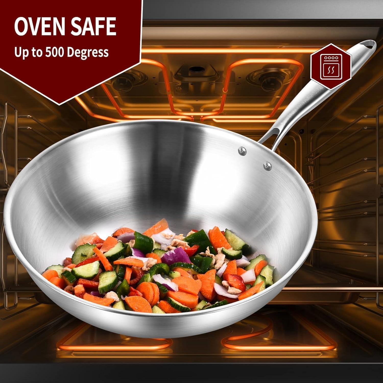 image:imageLOLYKITCH TriPly 13 Inch Stainless Steel Wok Pan with Lid StirFrying PanInduction WokDishwasher and Oven SafeHeavy Duty and Detachable handle11 Inch