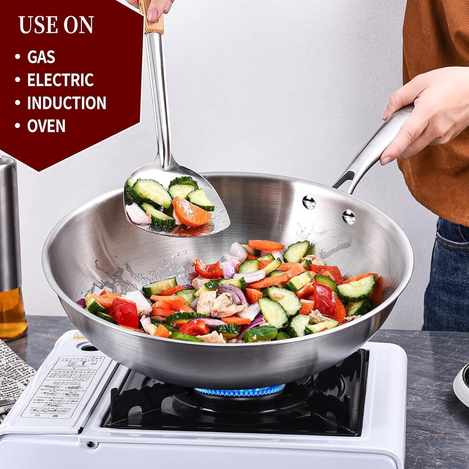 image:imageLOLYKITCH TriPly 13 Inch Stainless Steel Wok Pan with Lid StirFrying PanInduction WokDishwasher and Oven SafeHeavy Duty and Detachable handle11 Inch