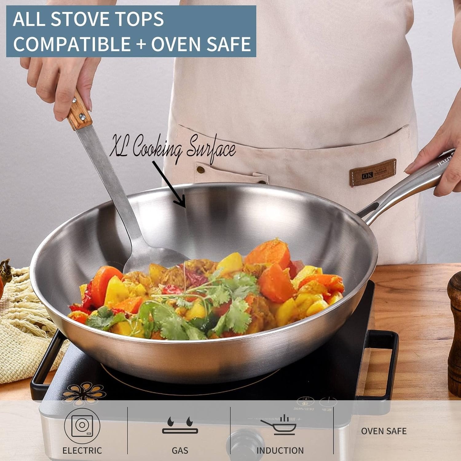image:imageLOLYKITCH TriPly 13 Inch Stainless Steel Wok Pan with Lid StirFrying PanInduction WokDishwasher and Oven SafeHeavy Duty and Detachable handle13 Inch