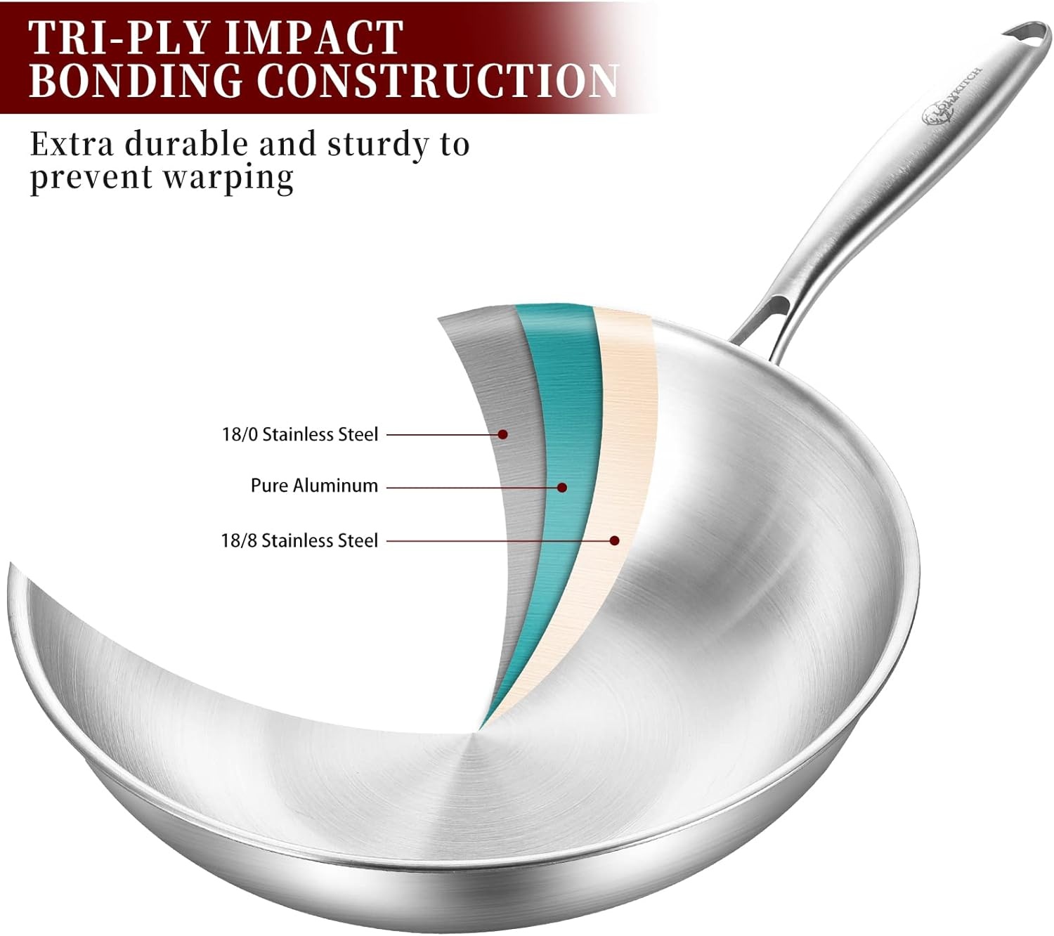 image:imageLOLYKITCH TriPly 13 Inch Stainless Steel Wok Pan with Lid StirFrying PanInduction WokDishwasher and Oven SafeHeavy Duty and Detachable handle13 Inch