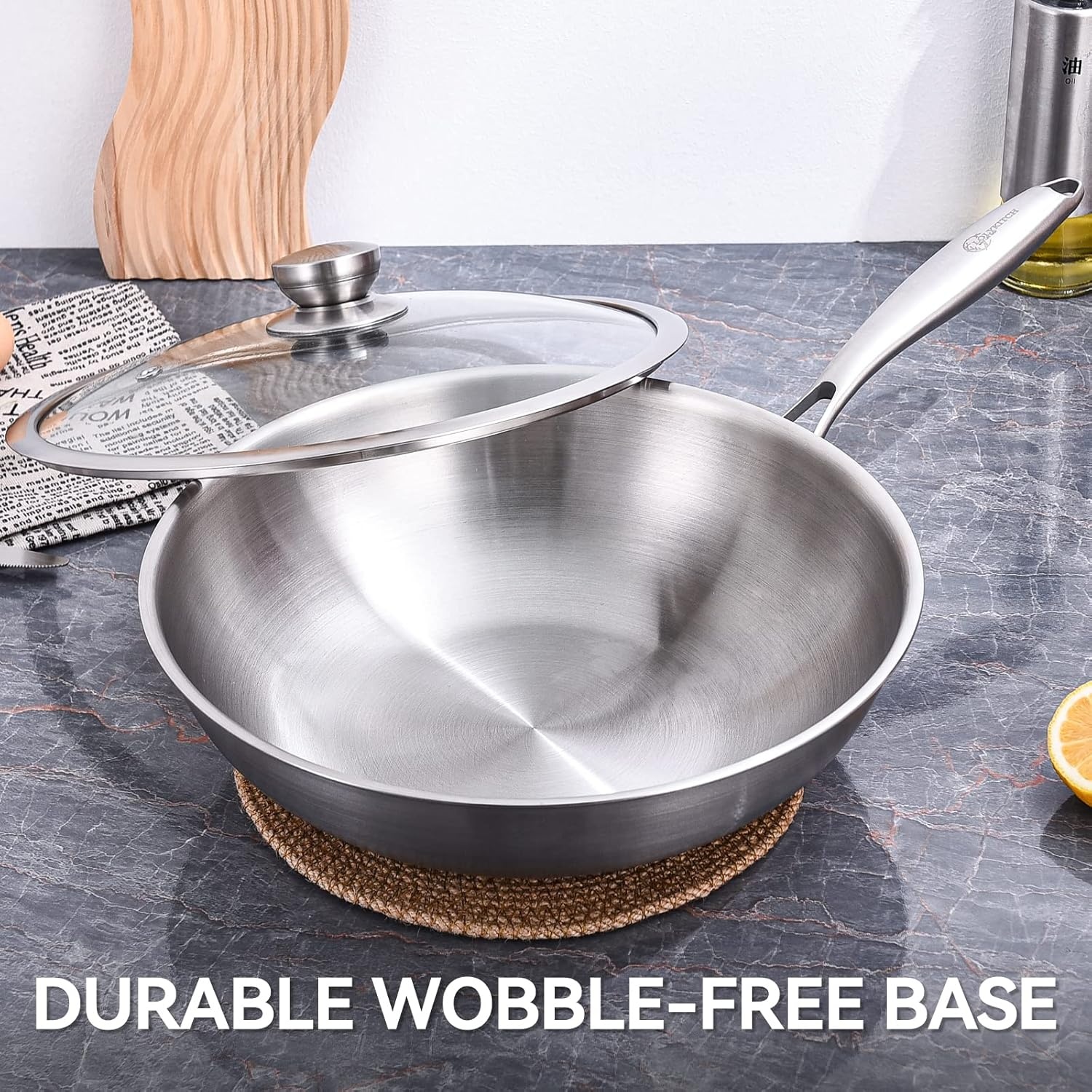 image:imageLOLYKITCH TriPly 13 Inch Stainless Steel Wok Pan with Lid StirFrying PanInduction WokDishwasher and Oven SafeHeavy Duty and Detachable handle13 Inch