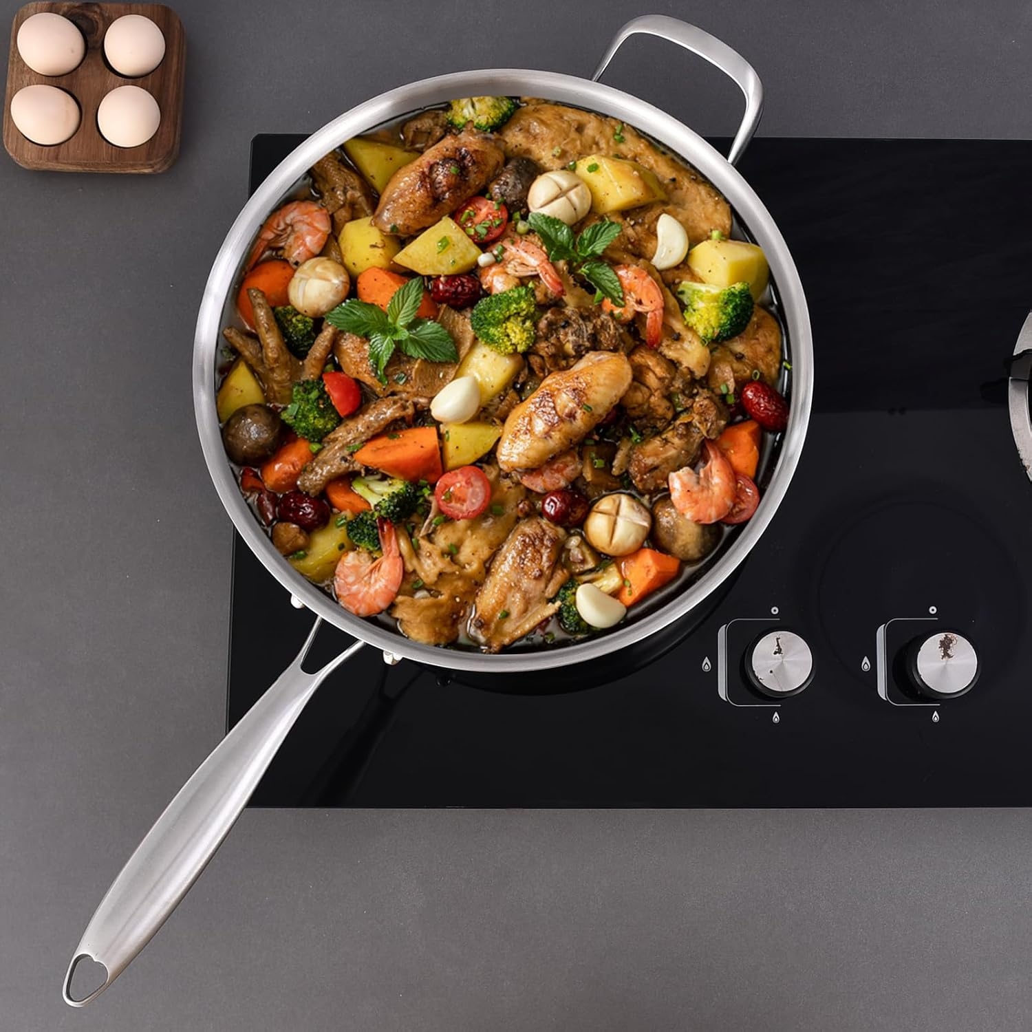 image:imageLOLYKITCH Whole Body TriPly Stainless Steel 55 QT Saut Pan with Lid12 Inch Deep Frying PanJumbo CookerDishwasher and Oven SafeDetachable HandleSilver