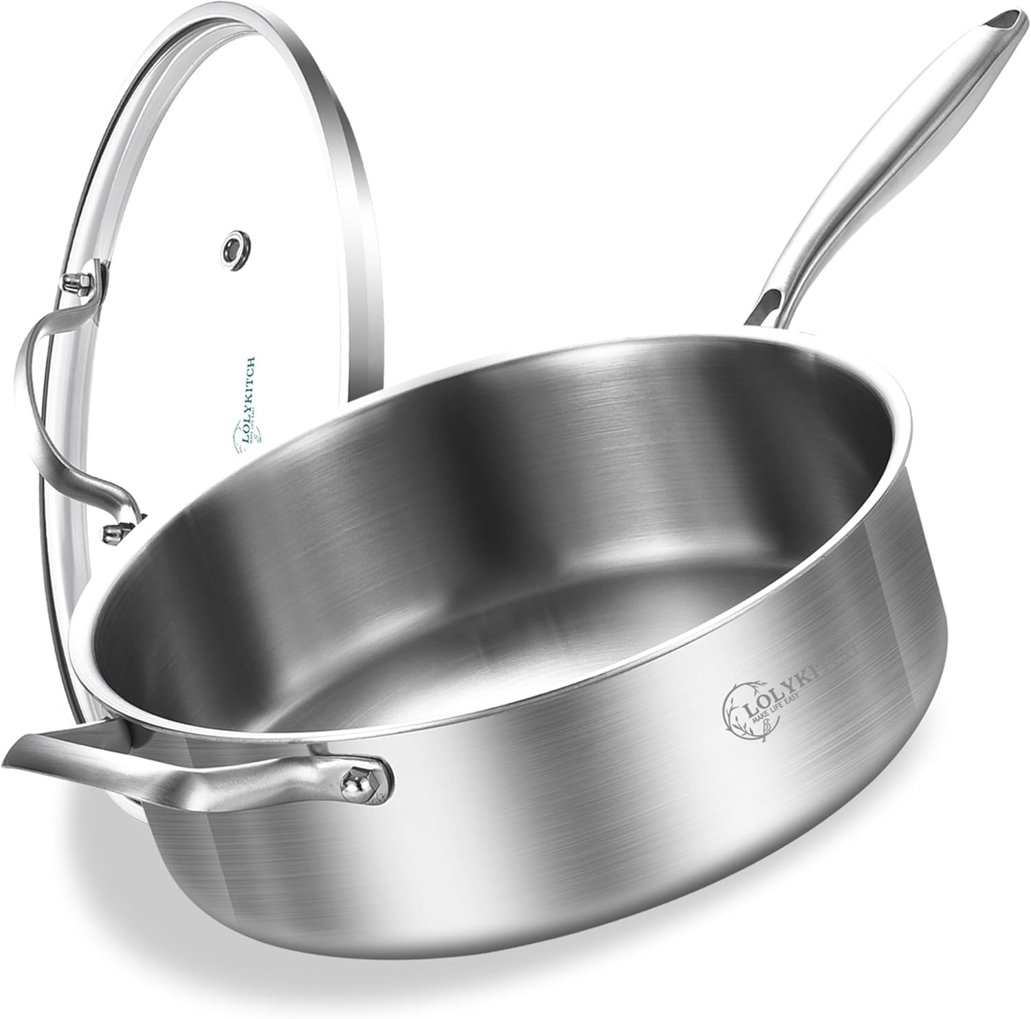 image:imageLOLYKITCH Whole Body TriPly Stainless Steel 55 QT Saut Pan with Lid12 Inch Deep Frying PanJumbo CookerDishwasher and Oven SafeDetachable HandleSilver